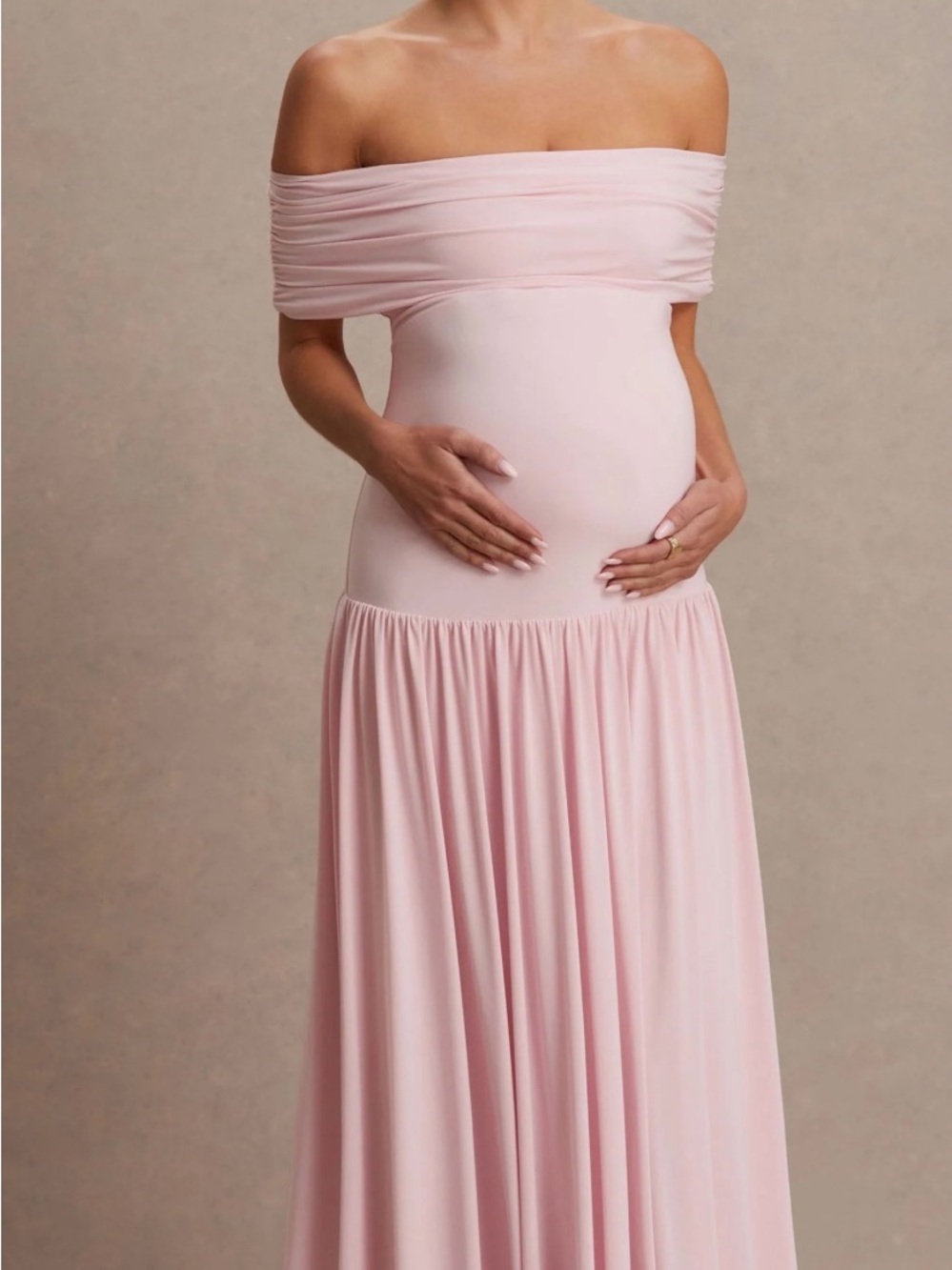Club L London Juliette Blush Pink Jersey Ruched Bardot Maternity Maxi Dress
